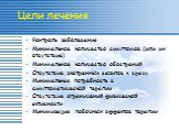Цели лечения. Контроль заболевания Минимальное количество симптомов (или их отсутствие) Минимальное количество обострений Отсутствие экстренных вызитов к врачу Минимальная потребность в симптоматической терапии Отсутствие ограничений физической активности Минимизация побочных эффектов терапии