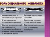 Роль социального конфликта. Информирование о наличии общих проблем Стимулирование социальных изменений Снятие психологической напряженности участников конфликта: сознание своих интересов и интересов других. Создание стрессовых ситуаций Нарушение порядка общественной жизни Разрушение равновесия сил, 