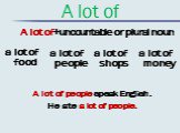 A lot of. A lot of+uncountable or plural noun. a lot of food a lot of people a lot of shops a lot of money. A lot of people speak English. He ate a lot of people.
