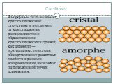Свойства. Аморфные тела не имеют кристаллической структуры и в отличие от кристаллов не расщепляются с образованием кристаллических граней, как правило — изотропны, то есть не обнаруживают различных свойств в разных направлениях, не имеют определённой точки плавления.