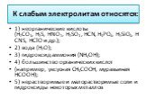 К слабым электролитам относятся: 1) неорганические кислоты (H2CO3, H2S, HNO2, H2SO3 , HCN, H3PO4, H2SiO3, HCNS, HСlO и др.); 2) вода (H2O); 3) гидроксид аммония (NH4OH); 4) большинство органических кислот (например, уксусная CH3COOH, муравьиная HCOOH); 5) нерастворимые и малорастворимые соли и гидро