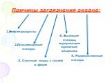 Причины загрязнения океана: 1.Нефтепродукты. 2.Пластмассовые отходы. 3. Сточные воды с полей и ферм. 4. Бытовые отходы, содержащие ядовитые вещества. 5. Радиоактивные отходы