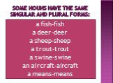 SOME NOUNS HAVE THE SAME singular and plural forms: a fish-fish a deer-deer a sheep-sheep a trout-trout a swine-swine an aircraft-aircraft a means-means