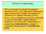 Речь и ее значение. Речь возникла в процессе трудовой деятельности. Она позволила объединить действия многих людей, распределить обязанности между членами группы. Речь, труд и общение во многом изменили и самого человека, содействовали развитию его сознания. Параллельно с развитием внешней речи у ка