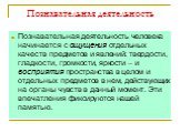 Познавательная деятельность. Познавательная деятельность человека начинается с ощущения отдельных качеств предметов и явлений: твердости, гладкости, громкости, яркости – и восприятия пространства в целом и отдельных предметов в нем, действующих на органы чувств в данный момент. Эти впечатления фикси