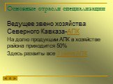 Основные отрасли специализации. Ведущее звено хозяйства Северного Кавказа-АПК На долю продукции АПК в хозяйстве района приходится 50% Здесь развиты все 3 звена АПК