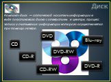 Диск CD DVD. Компакт-диск  — оптический носитель информации в виде пластикового диска с отверстием в центре, процесс записи и считывания информации которого осуществляется при помощи лазера.  Blu-ray  CD-R  CD-RW  DVD-R  DVD-RW