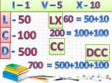 L 50 C 100 D 500 I – 1 V – 5 X - 10 60 200 LX CC 700 DCC = 50+10 = 100+100 = 500+100+100