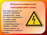 Опасность поражения электрическим током. Знак предупреждает об опасности поражения электрическим током. Эти знаки устанавливают на опорах линий электропередачи, электрооборудовании и приборах, дверцах силовых щитков, на электрических панелях и шкафах.