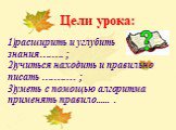 Цели урока: расширить и углубить знания….…. ; учиться находить и правильно писать ….….… ; уметь с помощью алгоритма применять правило...... .