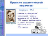 Правило экологической пирамиды. (правило 10%). Раймонд Линдеман (1915-1942). Каждый последующий трофический уровень ассимилирует не более 10% энергии предыдущего. (с уровня на уровень переходит около 10% энергии)