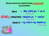 Химические свойства азотной кислоты: HNO3+ Me(OH)n MeК/О MeO = Me (NO3)n + H2O Me(NO3)n + nH2O др.HK/O+др.Me(NO3)n Нитрат Ме