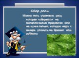 Сбор росы. Можно пить утреннюю росу, которая собирается на металлических предметах или на кучке гальки, которую надо с вечера уложить на брезент или рубашку. .