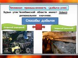 Топливная промышленность (добыча угля). Бурые угли Челябинской области имеют только региональное значение. Способы добычи. Открытый (карьерный). Закрытый (шахтный)