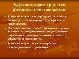 Краткая характеристика феминистского движения. Женский вопрос как зарождается в эпоху перехода от традиционного общества к гражданскому. Он представляет собой различные формы активности, направленные на достижение равноправия женщин в разных сферах общества и государства. Женский вопрос – часть широ