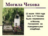 Могила Чехова. 22 июля 1904 года тело А.П.Чехова было перевезено в Москву. Похоронен на Новодевичьем кладбище.