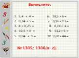 Вычислите: 5,4 × 4 = 6. 18,5 × 6 = 0,34 × 5 = 7. 0,16 × 13 = 8 × 0,25 = 8. 0,78 × 4 = 10,5 × 3 = 9. 13,2 × 5 = 0,04 × 9 = 10. 0,02 × 44 =. № 1305; 1306(а - е).