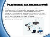 Радиоканалы для локальных сетей. Стандартом беспроводной связи для локальных сетей является технология Wi-Fi. Wi-Fi обеспечивает подключение в двух режимах: точка-точка (для подключения двух ПК) и инфраструктурное соединение (для подключения несколько ПК к одной точке доступа). Скорость обмена данны