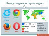 Популярные браузеры. Microsoft Internet Explorer Google Chrome Firefox Opera. Наиболее популярные веб-браузеры по странам по состоянию на февраль 2014. Завершить показ
