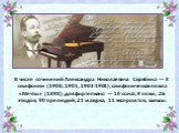 В числе сочинений Александра Николаевича Скрябина — 3 симфонии (1900, 1901, 1903-1904); симфоническая поэма «Мечты» (1898); для фортепьяно — 10 сонат, 9 поэм, 26 этюдов, 90 прелюдий, 21 мазурка, 11 экспромтов, вальсы.