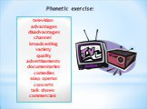 television advantages disadvantages channel broadcasting variety quality advertisements documentaries comedies soap operas concerts talk shows commercials. Phonetic exercise:
