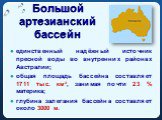 Большой артезианский бассейн. единственный надёжный источник пресной воды во внутренних районах Австралии; общая площадь бассейна составляет 1711 тыс. км², занимая почти 23 % материка; глубина залегания бассейна составляет около 3000 м.