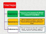 Зеленые пластиды разной формы (овальная, спиралевидная и т.д); содержат хлорофилл. Желтые, оранжевые и красные пластиды трубчатой, сферической формы. Привлечение опылителей и распространителей семян и плодов. Белые или бесцветные пластиды в основном круглой или овальной формы; содержат в основном кр