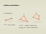 1. Задания на повторение: Что изображено? А В отрезок А , В - концы отрезка треугольник С А, В, С - АВ, ВС, АС -. вершины треугольника. стороны треугольника. четырехугольник D E F