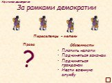 За рамками демократии. ? Переселенцы – метеки. Права Обязанности. Платить налоги Подчиняться законам Подчиняться гражданам Нести военную службу