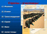 Страны – участницы: 1) Израиль 2) Египет 3) Трансиордания 4) Сирия 5) Ирак 6) палестинцы