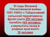 В годы Великой Отечественной войны 1941-1945гг с Тайдаковской сельской территории на фронт ушло 200 человек, погибло 164 человека, а вернулось назад в родные края всего 36 человек