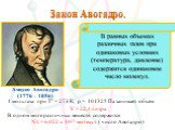 Закон Авогадро. Амедео Авогадро (1776 – 1856). В равных объемах различных газов при одинаковых условиях (температура, давление) содержится одинаковое число молекул. 1 моль газа при T° = 273 К, p = 101325 Па занимает объём V = 22,4 литра. В одном моле различных веществ содержится NA = 6,022 х 10²³ мо