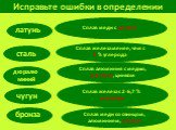 Исправьте ошибки в определении. Сплав железа менее, чем с 2 % углерода. Сплав железа с 2-6,7 % углерода. Сплав меди с цинком. Сплав меди со свинцом, алюминием, оловом. Сплав алюминия с медью, магнием, цинком