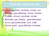Find the odd one out. Grandmother, brother, sister, cat Mother, grandfather, black, father Father, school, mother, sister Brother, pet, family, grandmother Aunt, grandmother, son, café Uncle, park, grandfather, brother