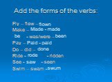 Add the forms of the verbs: Fly – flew – Make – - was/were – Pay – Do – did – Ride - - ridden See - - seen Swim – swam -. flown Made - made be been Paid - paid done rode saw swum