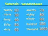 Numerals- числительные. twenty thirty forty fifty sixty seventy eighty ninety hundred thousand