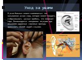 В ушах больных может скапливаться так называемая ушная сера, которая может твердеть и образовывать «ушные пробки», что понижает слух. Рекомендуется ежедневно по утрам при умывании наружные слуховые проходы промывать тёплой водой с мылом. Уход за ушами