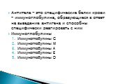 Антитела – это специфические белки крови – иммуноглобулина, образующиеся в ответ на выведение антигена и способны специфически реагировать с ним Иммуноглобулины Иммуноглобулины G Иммуноглобулины M Иммуноглобулины A Иммуноглобулины E Иммуноглобулины D