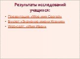 Результаты исследований учащихся: Презентация «Мое имя Сергей» Буклет «Значение имени Ксения» Web-сайт: «Имя Иван»