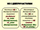 НЕ с деепричастиями. Частица НЕ с деепричастиями пишется раздельно: не_зная (деепричастие), не_умея (деепричастие). Некоторые деепричастия без НЕ не употребляются, поэтому пишутся с НЕ слитно: Недоумевая (без НЕ не употр.)