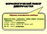 Морфологический разбор деепричастия. План разбора I. Часть речи. Общее значение. II. Морфологические признаки. 1. Неизменяемость. 2. Вид. III. Синтаксическая роль. Образец письменного разбора Мересьев полз, задыхаясь, падая, теряя сознание. Задыхаясь — деепричастие. I. Полз (как?), задыхаясь. II. Мо