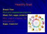 Healthy food. Bread- fiber Fruit and vegetables-vitamins Meat, fish, eggs- proteins Milk, yogurt, cheese –fat and calcium Eggs, meat-iron