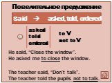 Said  asked, told, ordered asked told ordered to V not to V. He said, “Close the window”. He asked me to close the window.   The teacher said, “Don’t talk”. The teacher told the pupils not to talk.