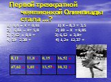 Первой трехкратной чемпионкой Олимпиады стала …? 1) 0,8 + Х = 0,91 1) Х – 8,3 = 3,5 2) 6,81 – Х= 5,8 2) 10 – Х = 9,85 3) 7,62 + 8,9 = 3) 6,52 + 3,8= 4) 50- 2,38 = 4) 1,2+ 12,37 =