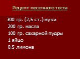 Рецепт песочного теста. 300 гр. (2,5 ст.) муки 200 гр. масла 100 гр. сахарной пудры 1 яйцо 0,5 лимона