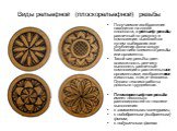 Виды рельефной (плоскорельефной) резьбы. Получаемое изображение находится на одной плоскости, а рельеф резьбы, различный по рисунку и композиции, выявляется путем выбирания или углубления фона вокруг какого-либо элемента резьбы или орнамента. Такой вид резьбы дает возможность резчику выполнять разли