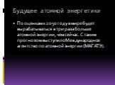 Будущее атомной энергетики. По оценкам к 2050 году в мире будет вырабатываться в три раза больше атомной энергии, чем сейчас. С таким прогнозом выступило Международное агентство по атомной энергии (МАГАТЭ).