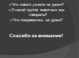 Что нового узнали на уроке? О какой группе животных мы говорили? Что понравилось на уроке? Спасибо за внимание!