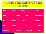 4. JOIN THE PARTS OF THE WORDS. MO TER BRO CLE FAT THER NT MOTHER SIS HER AU THER FA TER UN WI DAUGH MILY GRAND FE