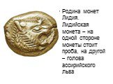 Родина монет Лидия. Лидийская монета – на одной стороне монеты стоит проба, на другой – голова ассирийского льва